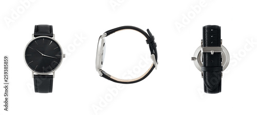 Classic women gold watch black dial, leather strap, isolate on white background