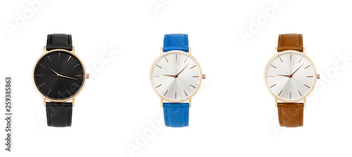 Classic women gold watch black dial, leather strap, isolate on white background