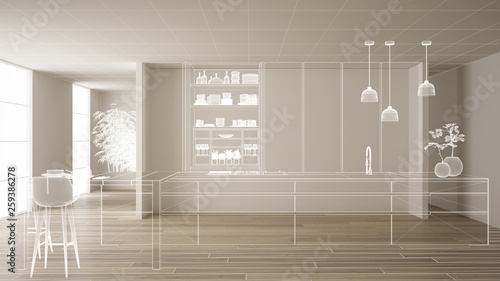 Konstfotografi Empty white interior with parquet floor and white walls, custom architecture des