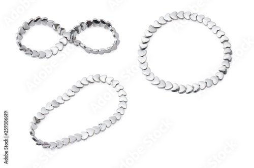 silver bracelet in the form of hearts on a white isolated background