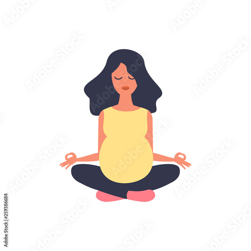 Beautiful pregnant woman. Yoga illustration. Sport exercise, fitness, workout. Health care. Girl sport. Happy maternity. Pregnancy vector character.