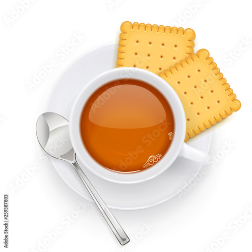 Tea cup and biscuit on plate. Traditional hot drink for breakfast. Tea time. Herbal tonic beverage. Isolated white background. Eps10 vector illustration.
