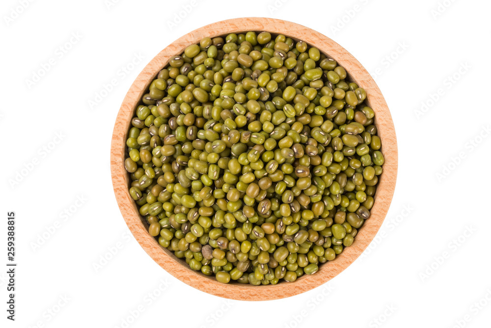 Mung or Mungo bean in wooden bowl isolated on white background. nutrition. food ingredient. Mung or Mungo bean in wooden bowl isolated on white background. nutrition. food ingredient.