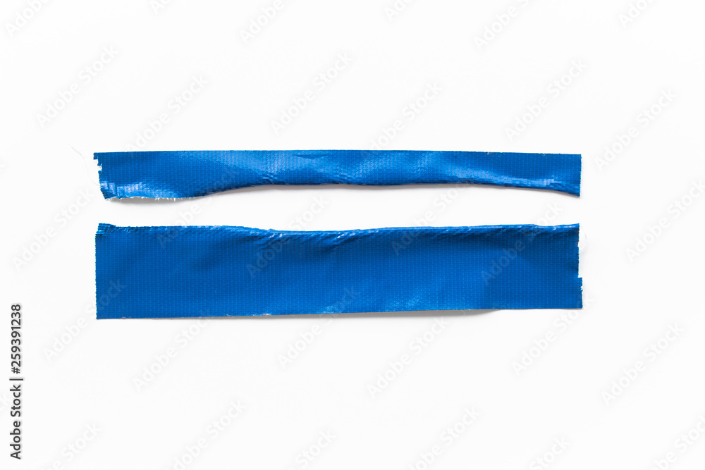 Fototapeta premium Set of Blue tapes on white background. Torn horizontal and different size blue sticky tape, adhesive pieces.