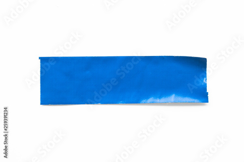 Set of Blue tapes on white background. Torn horizontal and different size blue sticky tape, adhesive pieces.