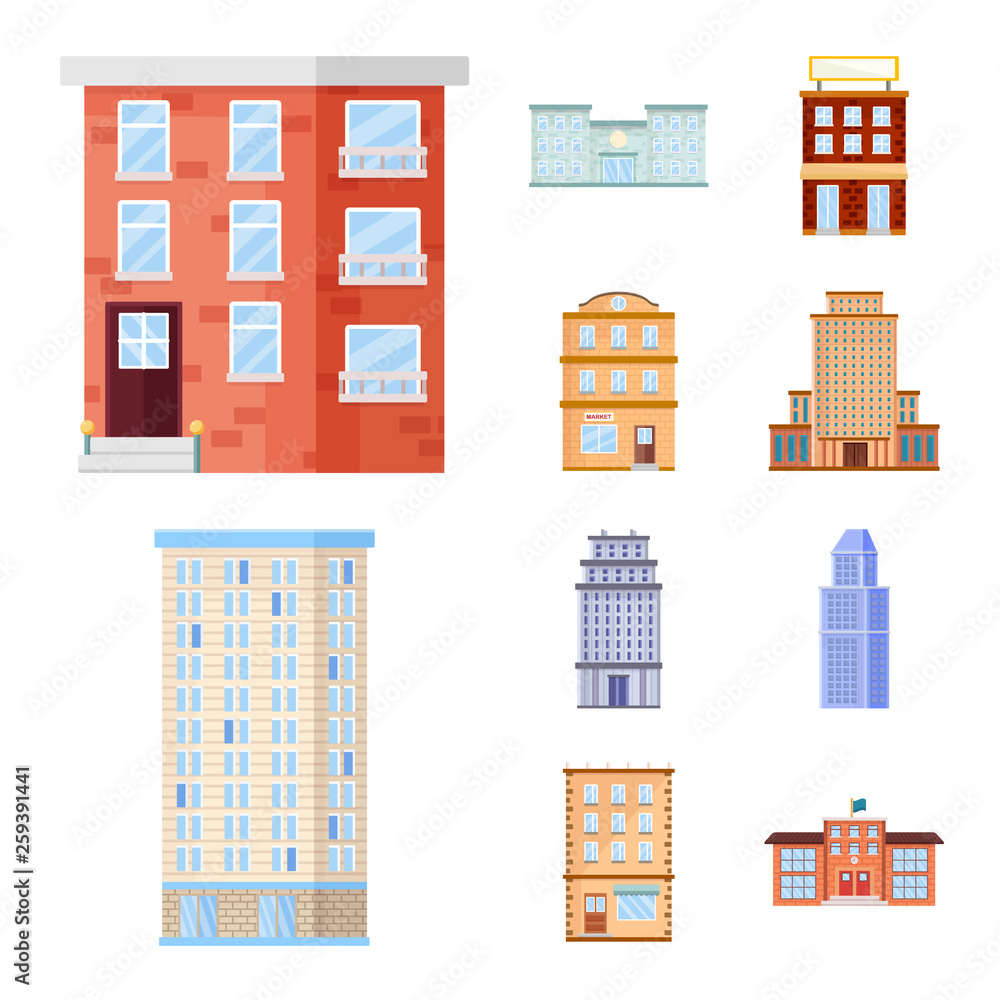 Vector design of facade and building icon. Collection of facade and exterior  stock symbol for web.