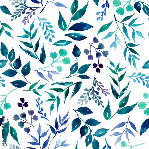 Seamless pattern of green leaves, herbs, tropical plant hand drawn watercolor .Fresh beauty rustic eco friendly background.