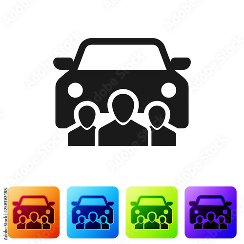 Black Car sharing with group of people icon isolated on white background. Carsharing sign. Transport renting service concept. Set icon in color square buttons. Vector Illustration