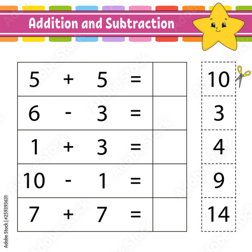 Addition and subtraction. Task for kids. Education developing worksheet. Activity page. Game for children. Funny character. Isolated vector illustration. Cartoon style.