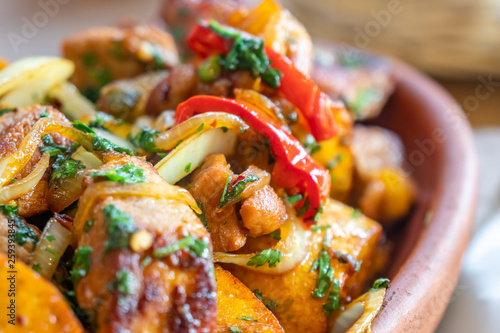 fried potatoes and meat, Ojakhuri - georgian food photo