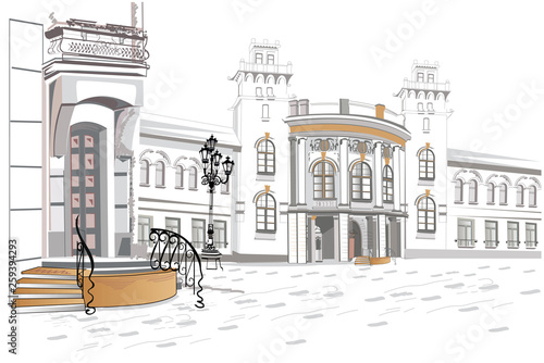 Series of street views in the old city. Hand drawn vector architectural background with historic buildings.