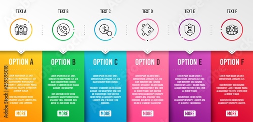 Strategy, Call center and Partnership icons simple set. Security agency, Buy currency and Women group signs. Puzzle, Phone support. Business set. Infographic template. 6 steps timeline. Vector