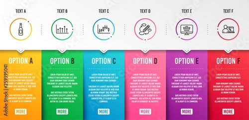 Growth chart, Beer and Keywords icons simple set. Candlestick graph, Web shop and Online education signs. Upper arrows, Pub alcohol. Business set. Infographic template. 6 steps timeline. Vector