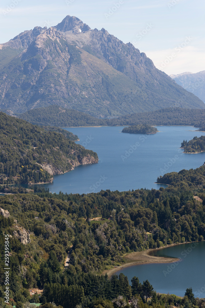 Landscape of San Carlos de Bariloche, aerial view of the lakes and mountains.
