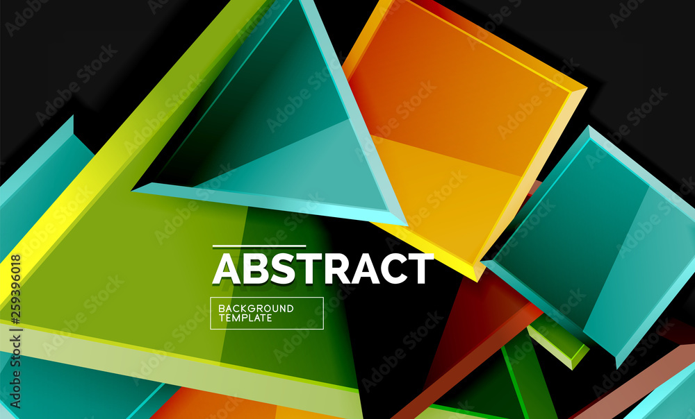 Glossy mosaic style geometric shapes - squares and triangles on black