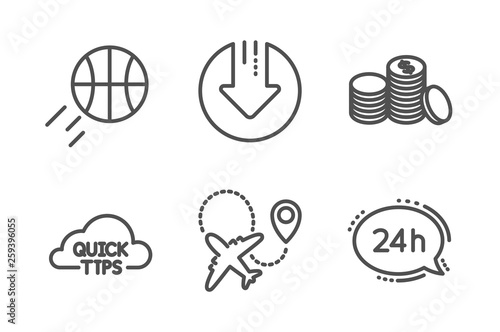 Basketball, Airplane and Banking money icons simple set. Download arrow, Quick tips and 24h service signs. Sport ball, Plane. Business set. Line basketball icon. Editable stroke. Vector