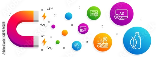 Magnet attracting. Payment method, Reject certificate and Sale icons simple set. Idea, Seo adblock and Water bottle signs. Wallet with coins, Decline file. Business set. Vector