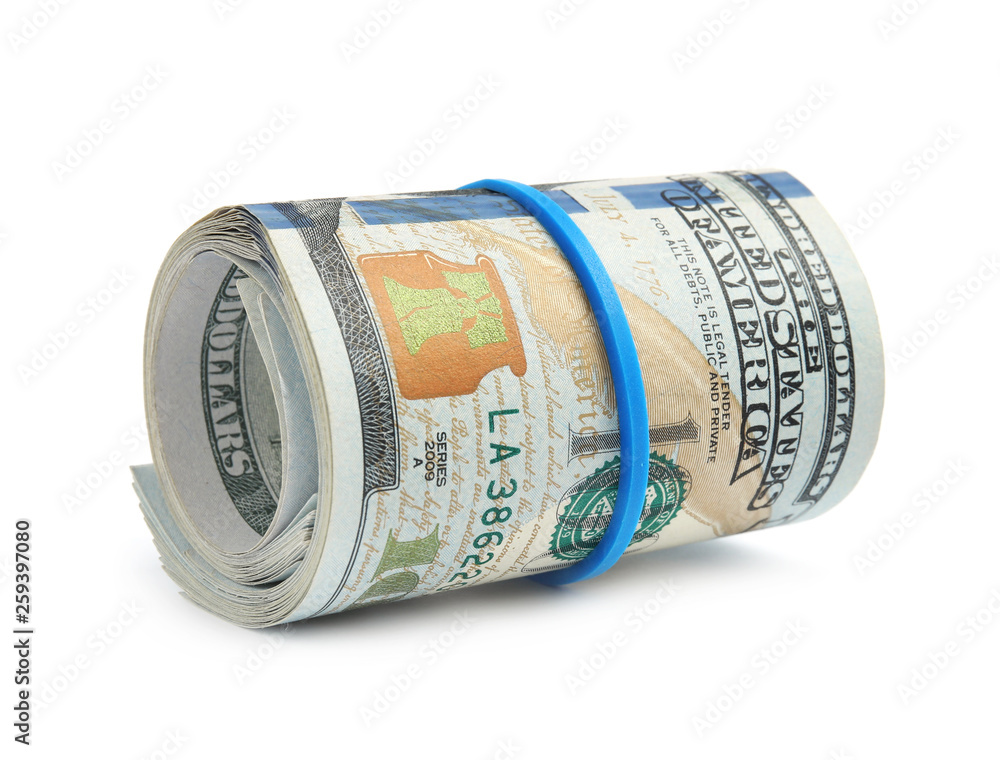 Roll of dollar bills with rubber band on white background Roll of dollar bills with rubber band on white background