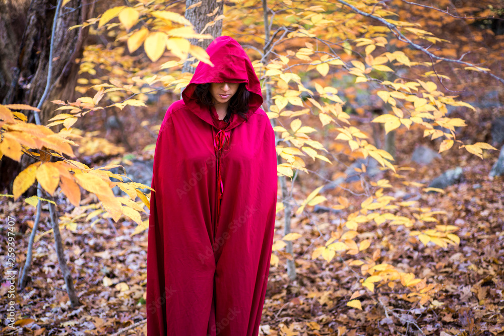 woman in hooded red cloak in autumn woman in hooded red cloak in autumn