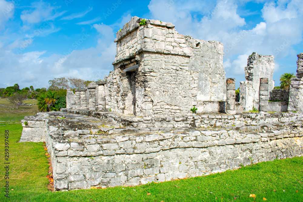 Old Ancient Ruins of pre-Columbian mayan City in Tulum 