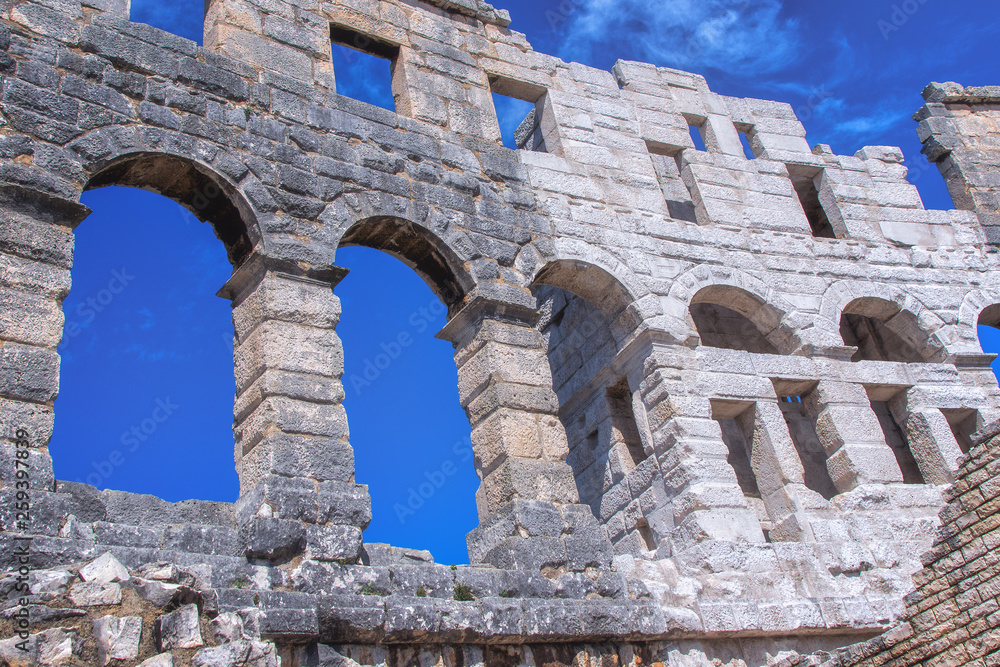 Pula Arena - Restored arched walls at Pula, Croatia, close-up Pula Arena - Restored arched walls at Pula, Croatia, close-up