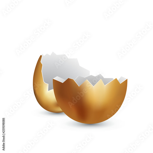 Broken golden egg on white background. Cracked golden shell. Surprise gift concept. Broken egg isolated on white. Vector illustration