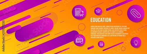 Header banner. Calculator alarm, Technical documentation and Documentation icons simple set. Paper clip, Correct answer and Light bulb signs. Accounting, Manual. Education set. Vector