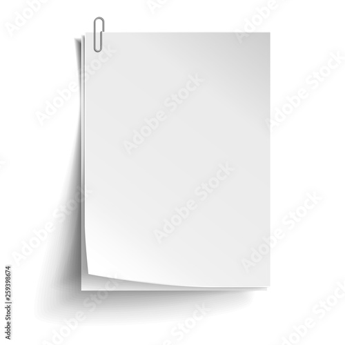Two white sheets of paper with metal paper clip. Metal paper clip attached to paper. Vector illustration.