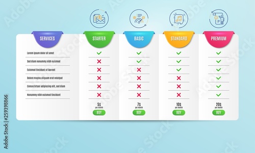 Musical note, Accounting report and Correct answer icons simple set. Comparison table. Manual doc sign. Speech bubble, Check finance, Approved. Project info. Education set. Pricing plan. Vector