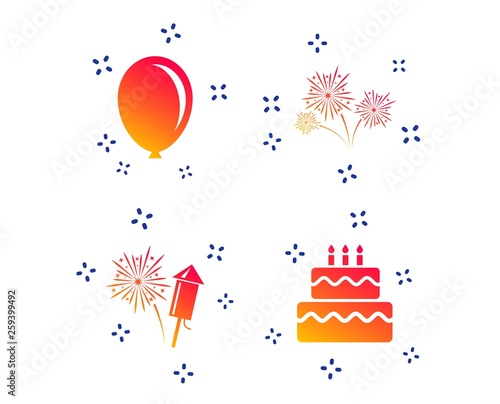 Birthday party icons. Cake and gift box signs. Air balloon and fireworks symbol. Random dynamic shapes. Gradient birthday cake icon. Vector © blankstock