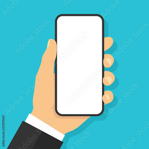 Hand holding smartphone. Flat style - stock vector.