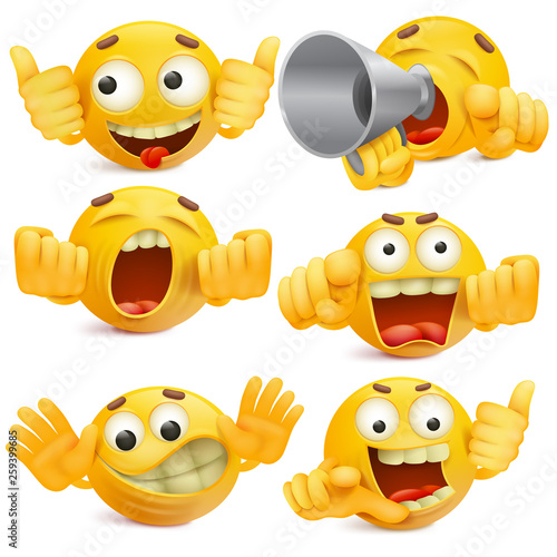 Funny yellow smiley face emoticon cartoon characters set