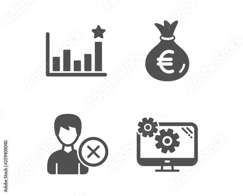 Set of Efficacy, Money bag and Remove account icons. Settings sign. Business chart, Euro currency, Delete user. Cogwheel tool.  Classic design efficacy icon. Flat design. Vector