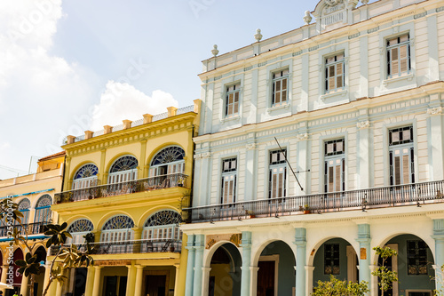 Facade of old colonial buildings from Central Square in Havana, Cuba.