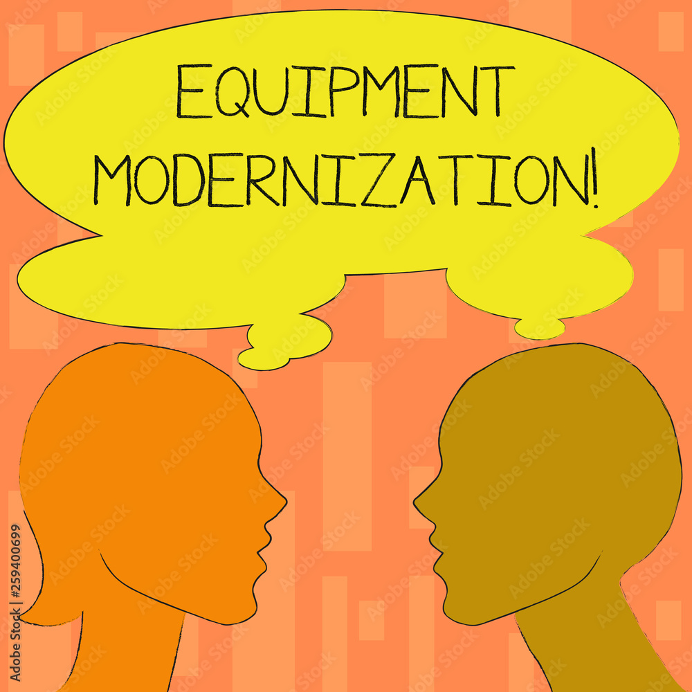 Word writing text Equipment Modernization. Business photo showcasing changing product service to include new functions Silhouette Sideview Profile Image of Man and Woman with Shared Thought Bubble