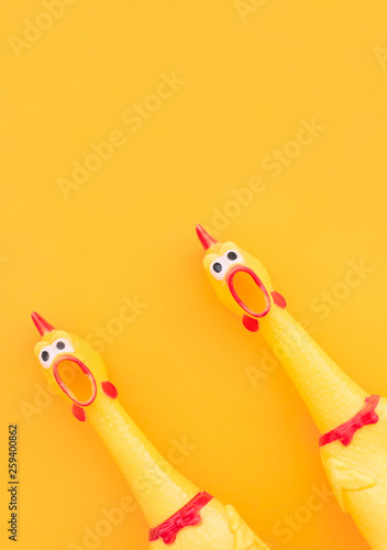 Shrilling Chicken toy on a yellow background. Rubber squeaky Chicken Toys are isolated on a orange background. Copyspace