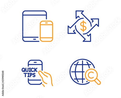 Education, Payment exchange and Mobile devices icons simple set. International Ð¡opyright sign. Quick tips, Money transfer, Smartphone with tablet. World copywriting. Education set. Vector