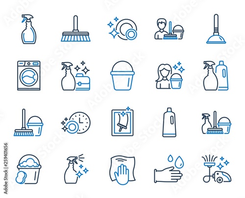 Cleaning line icons. Laundry, Window sponge and Vacuum cleaner icons. Washing machine, Housekeeping service and Maid cleaner equipment. Window cleaning, Wipe off, laundry washing machine. Vector