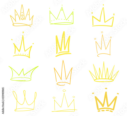 Set of crowns on white. Signs for design. Hand drawn simple objects. Line art. Colorful illustration. Sketchy elements for posters and flyers