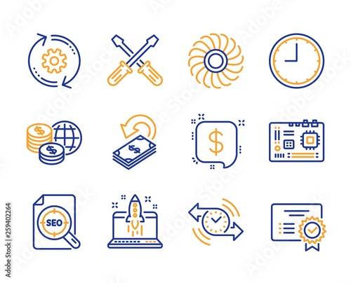 World money, Start business and Cogwheel icons simple set. Fan engine, Time and Cashback signs. Motherboard, Payment message and Seo file symbols. Timer, Screwdriverl and Certificate. Vector photo