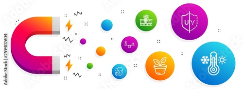 Magnet attracting. Balance, Hospital building and Uv protection icons simple set. Leaves, Face protection and Thermometer signs. Concentration, Medical help. Healthcare set. Line balance icon. Vector