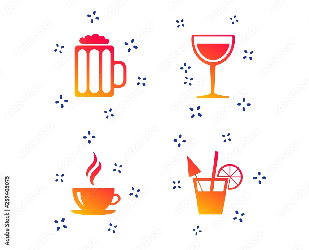 Drinks icons. Coffee cup and glass of beer symbols. Wine glass and cocktail signs. Random dynamic shapes. Gradient coffee icon. Vector Drinks icons. Coffee cup and glass of beer symbols. Wine glass and cocktail signs. Random dynamic shapes. Gradient coffee icon. Vector