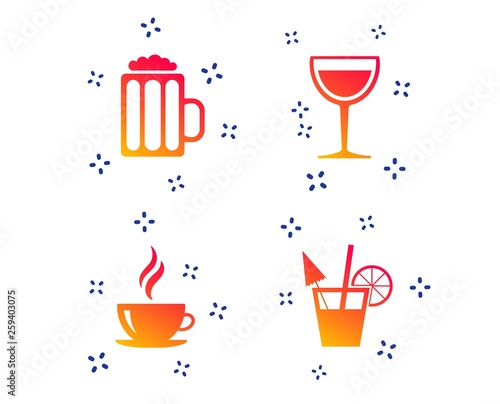 Drinks icons. Coffee cup and glass of beer symbols. Wine glass and cocktail signs. Random dynamic shapes. Gradient coffee icon. Vector