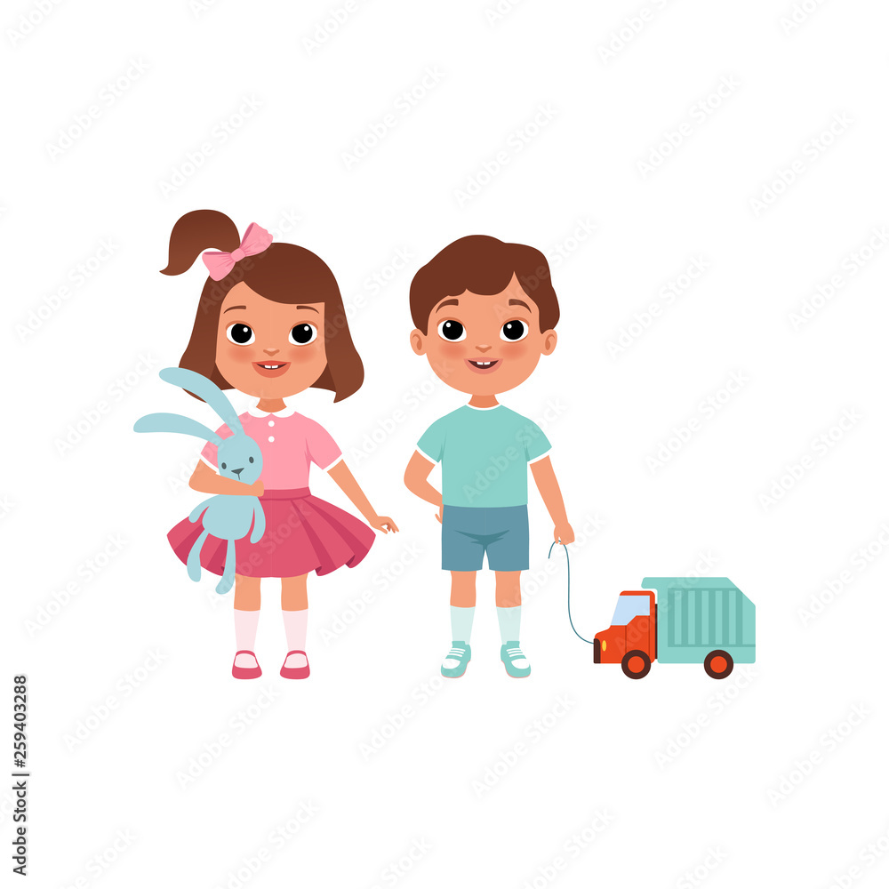 Cute litlle boy and girl characters with toys, stage of growing up concept vector Illustration on a white background Cute litlle boy and girl characters with toys, stage of growing up concept vector Illustration on a white background