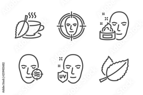Problem skin, Uv protection and Face cream icons simple set. Face detect, Mint tea and Mint leaves signs. Facial care, Ultraviolet. Medical set. Line problem skin icon. Editable stroke. Vector