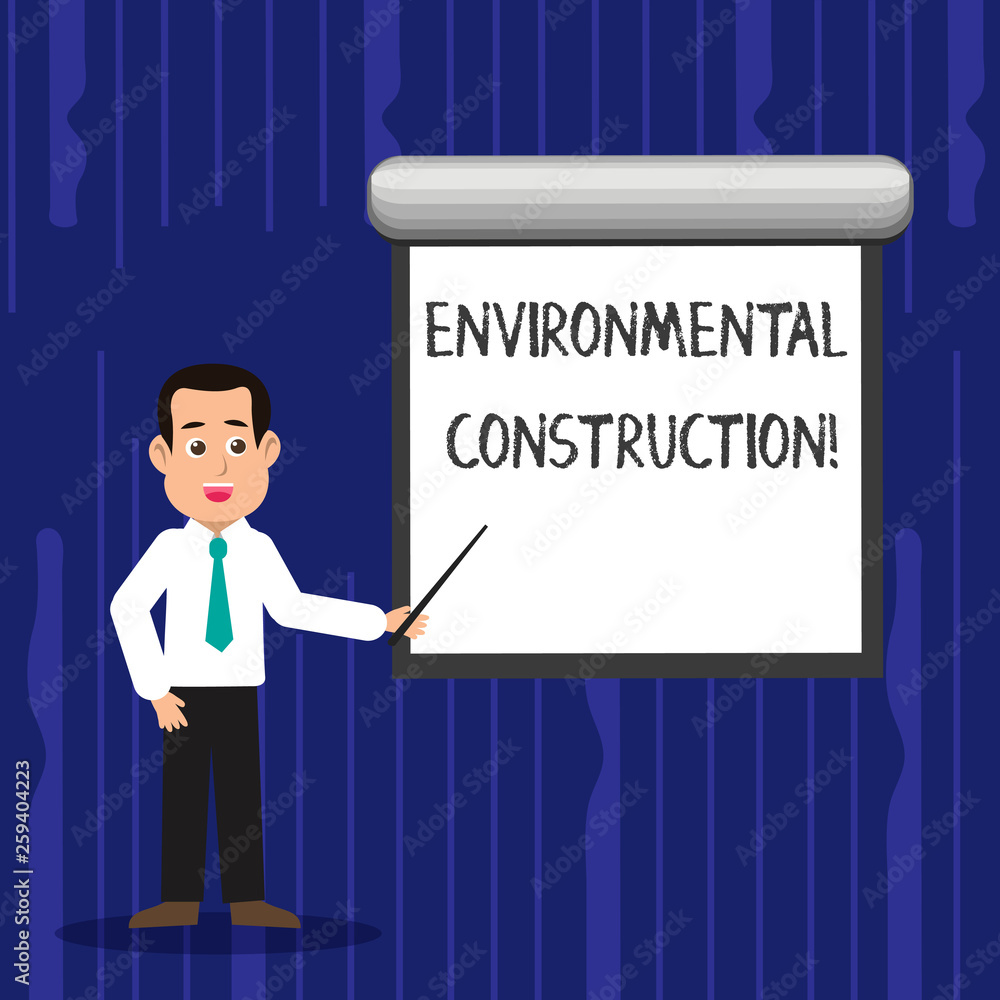 Text sign showing Environmental Construction. Business photo text knowledgeable about sustainable building practice Man in Necktie Talking Holding Stick Pointing to Blank White Screen on Wall Text sign showing Environmental Construction. Business photo text knowledgeable about sustainable building practice Man in Necktie Talking Holding Stick Pointing to Blank White Screen on Wall