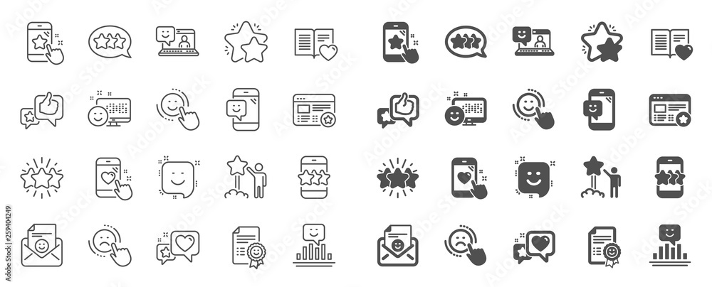 Feedback line icons. Set of User Opinion, Customer service and Star Rating icons. Testimonial, Positive negative emotion, Customer satisfaction. Social media feedback, star rating technology. Vector Feedback line icons. Set of User Opinion, Customer service and Star Rating icons. Testimonial, Positive negative emotion, Customer satisfaction. Social media feedback, star rating technology. Vector