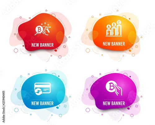 Liquid badges. Set of Change card, Bitcoin mining and Graph chart icons. Bitcoin pay sign. Payment method, Cryptocurrency pickaxe, Growth report. Cryptocurrency coin.  Gradient change card icon