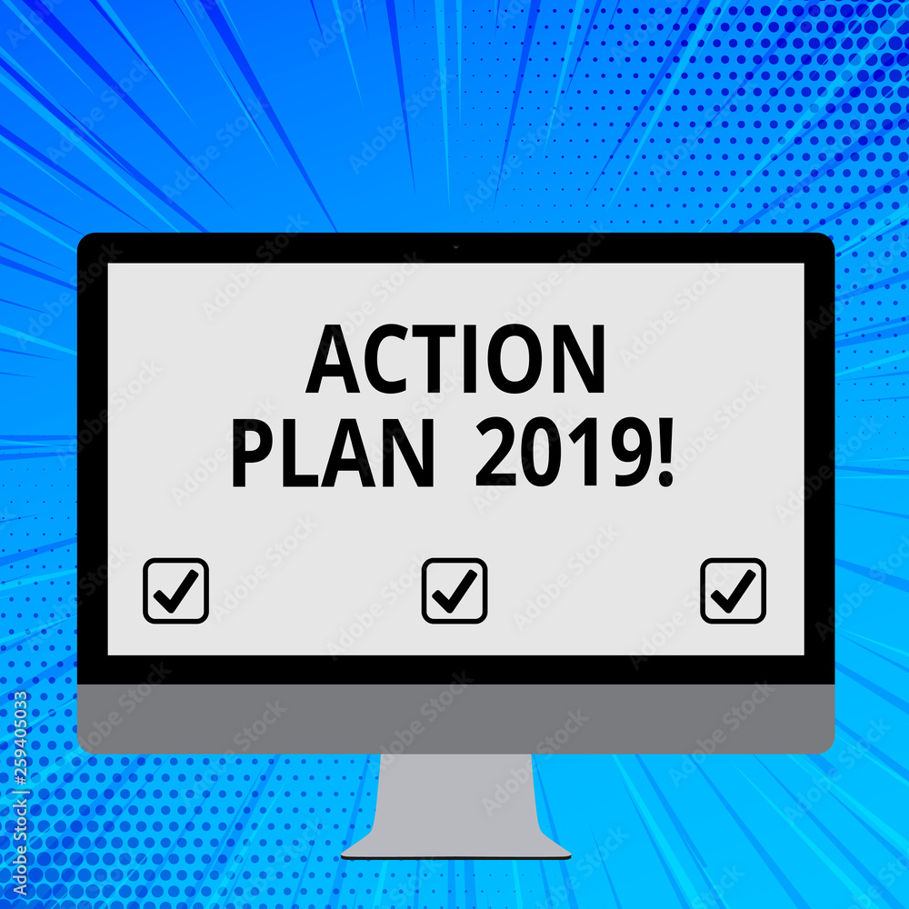 Word writing text Action Plan 2019. Business photo showcasing proposed strategy or course of actions for current year Blank White Computer Monitor WideScreen Mounted on a Stand for Technology