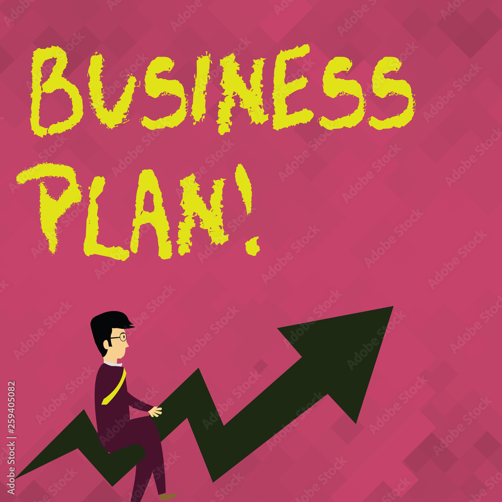Word writing text Business Plan. Business photo showcasing setting out business future objectives for achieving them Businessman with Eyeglasses Riding Crooked Color Arrow Pointing Going Up